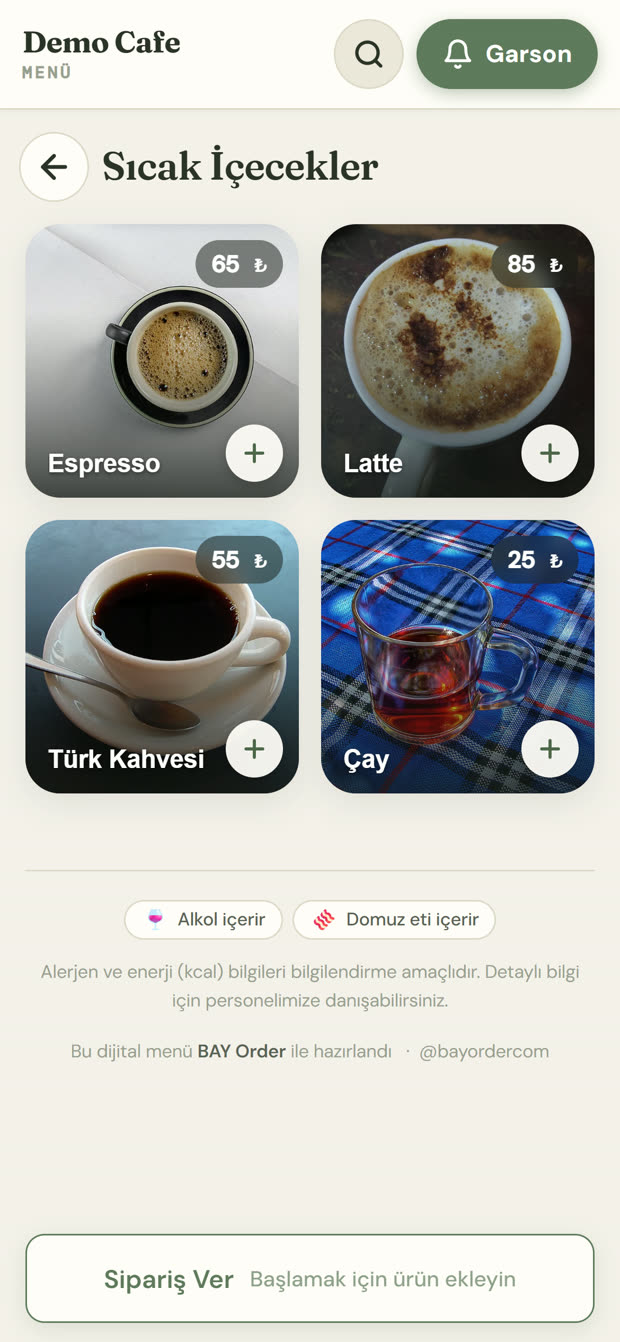 QR menüde bir kategorinin kare fotoğraflı ürün kartları; her kartta fiyat rozeti ve ekleme düğmesi